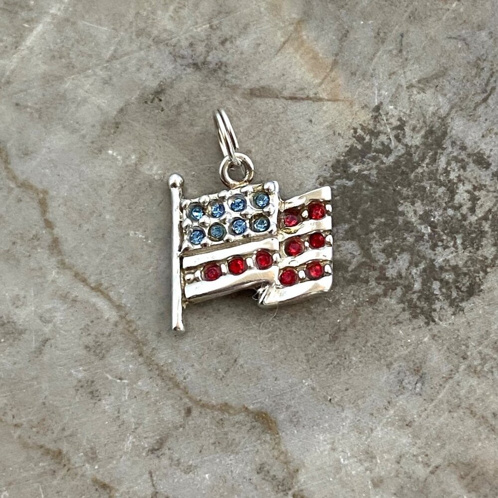 Sterling Silver 925 Red & Blue Rhinestone USA American Flag Charm